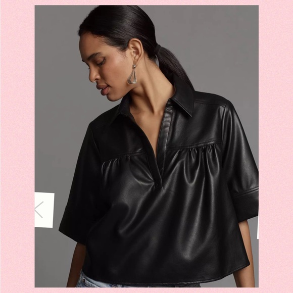 🌸Anthropologie“Pilcro” Short-Sleeve 
Faux-Leather Swing Top🌸 - Picture 1 of 15